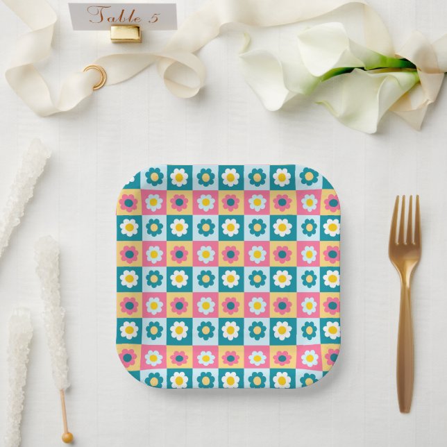 Retro Cute colourful Pastel Flowers Pattern  Paper Plate (Wedding)