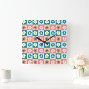 Retro Cute colourful Pastel Flowers Pattern Square Wall Clock