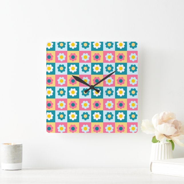 Retro Cute colourful Pastel Flowers Pattern  Square Wall Clock (Home)