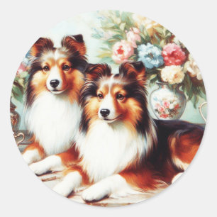 Retro Cute Dogs Oil Painting Classic Round Sticker