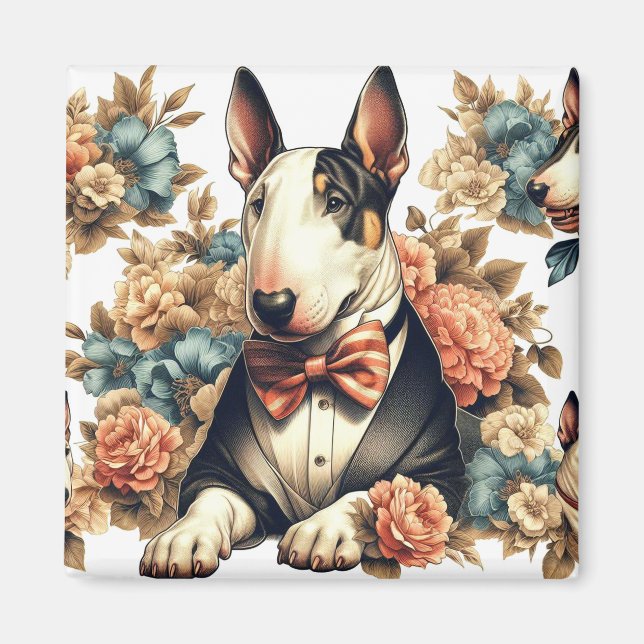 Retro Cute Floral Bull Terrier Magnet (Front)