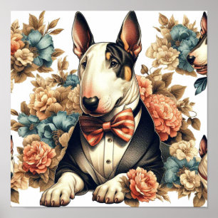 Retro Cute Floral Bull Terrier Poster