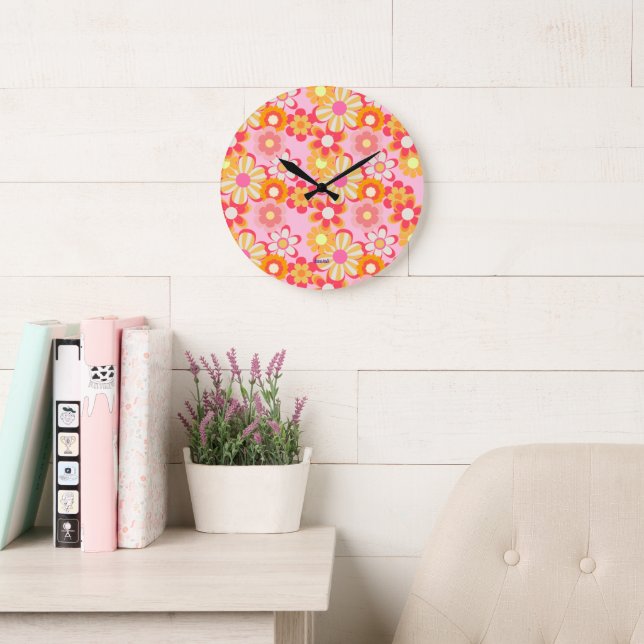Retro Cute Flower Design Pink Large Clock (Reading Room)