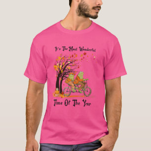 Retro Cute Frogs Riding Bike Fall Leaves Autumn Fr T-Shirt