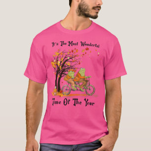Retro Cute Frogs Riding Bike Fall Leaves Autumn Fr T-Shirt