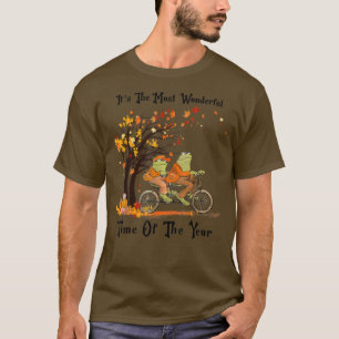 Retro Cute Frogs Riding Bike Fall Leaves Autumn Fr T-Shirt