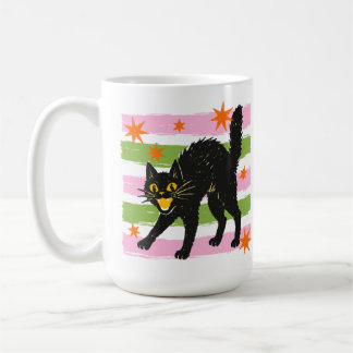 Retro Cute Halloween Black Cat w/ Stripes n Stars Coffee Mug