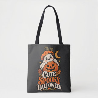 Retro Cute Halloween Ghost Pumpkin Autumn Illustra Tote Bag