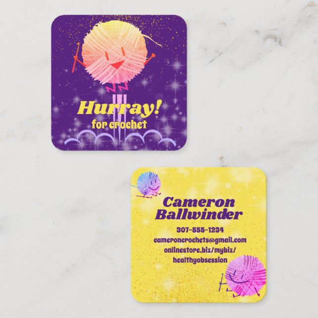 Retro cute jumping scribble yarn crochet hooks bus square business card (Front/Back)