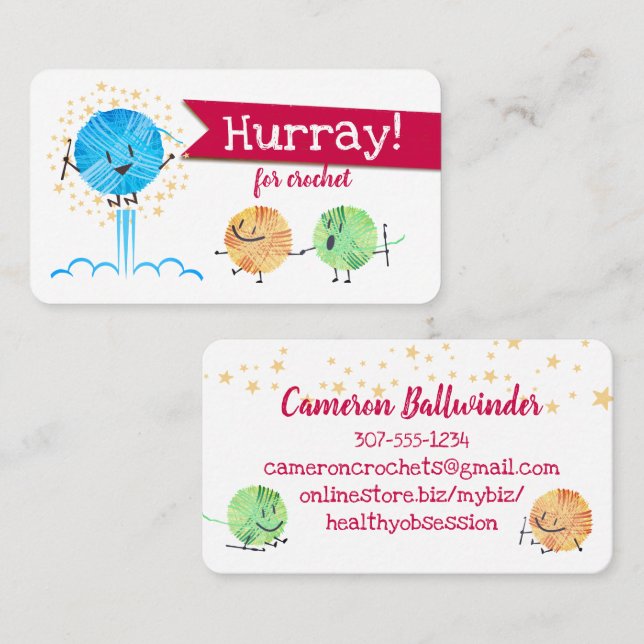 Retro cute jumping scribble yarn crochet hooks business card (Front/Back)