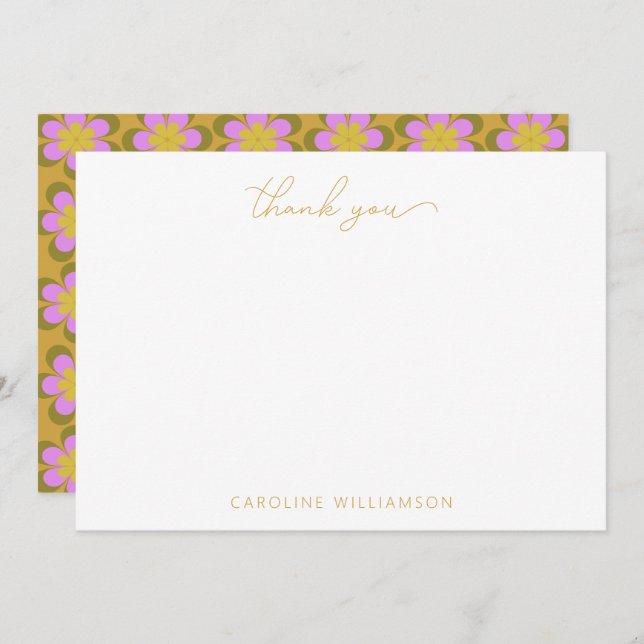 Retro Cute Mod Floral Yellow Custom Name Thank You Card (Front/Back)