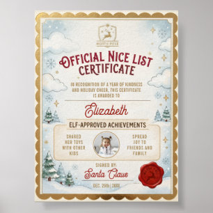 Retro Cute Nice List Gold Photo Santa Certificate Poster