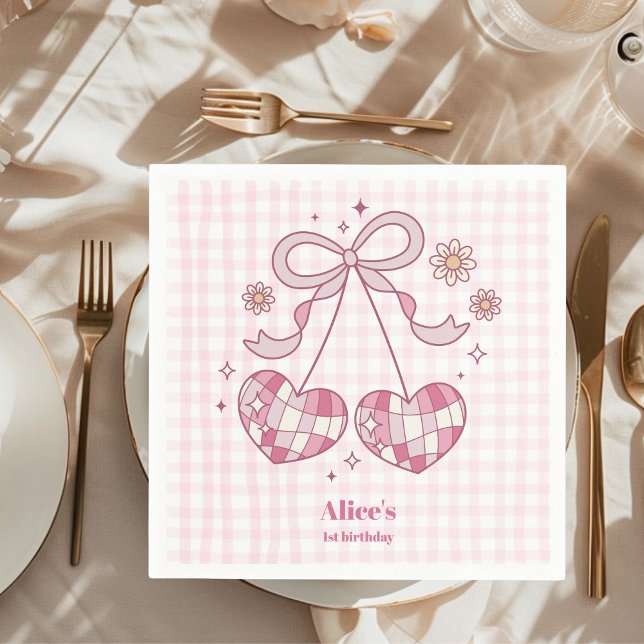 Retro Cute Pink Bow Coquette 1st Birthday Napkin (Creator Uploaded)