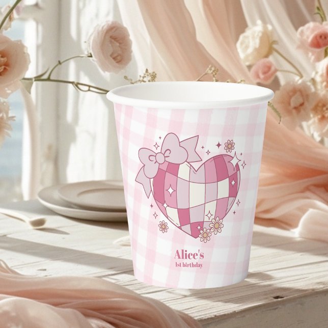 Retro Cute Pink Bow Coquette 1st Birthday Paper Cups (Creator Uploaded)