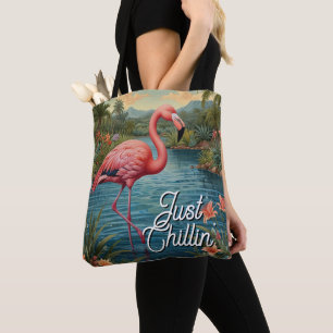 Retro cute pink flamingo tropical paradise tote bag