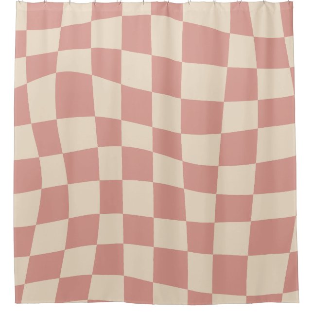 Retro Cute Pink wavy checkered Pattern Shower Curtain (Front)