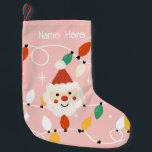 Retro Cute Santa with Fairy Lights Pink Small Christmas Stocking<br><div class="desc">Add a touch of nostalgia to your holiday decor with this adorable 'Retro Cute Santa with Fairy Lights' Christmas stocking. Featuring a whimsical Santa surrounded by glowing fairy lights in vibrant retro colours, this stocking is perfect for anyone who loves vintage-inspired holiday decorations. The playful design adds charm to your...</div>