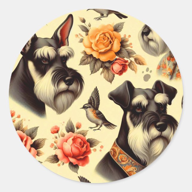 Retro Cute Schnauzer Illustration Classic Round Sticker (Front)