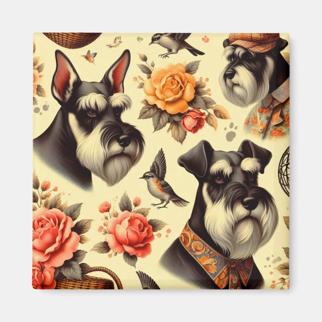 Retro Cute Schnauzer Illustration Magnet (Front)