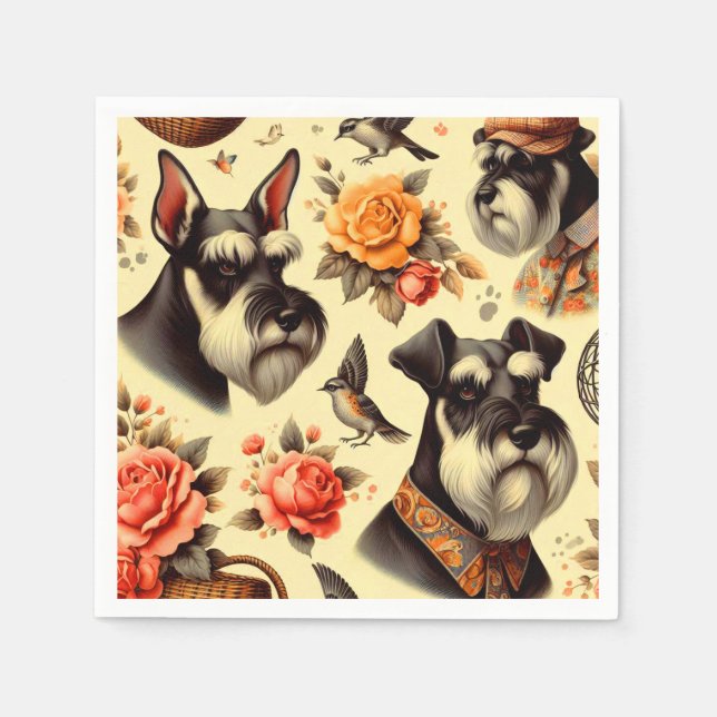 Retro Cute Schnauzer Illustration Napkin (Front)