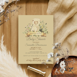 Retro Cute Sheep Lamb Botanical Baby Shower Invitation