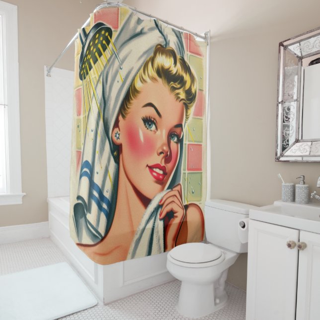 Retro Cute Shower Girl Illustration Shower Curtain (In Situ)