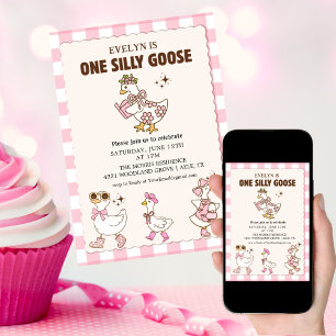 Retro cute Silly Goose ,One Silly Goose 1st Party  Invitation