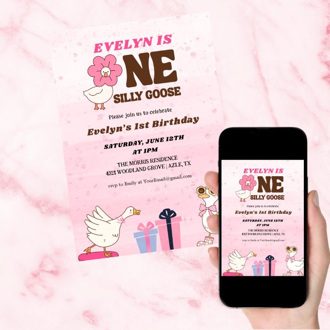 Retro cute Silly Goose ,One Silly Goose 1st Party  Invitation (Creator Uploaded)