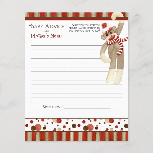 Retro Cute Sock Monkey, Boy Baby Shower Advice (Front)