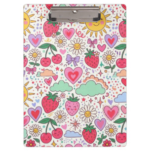 Retro Cute Strawberry, Sunshine, and Hearts Happy Clipboard