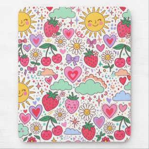 Retro Cute Strawberry, Sunshine, and Hearts Happy Mouse Pad