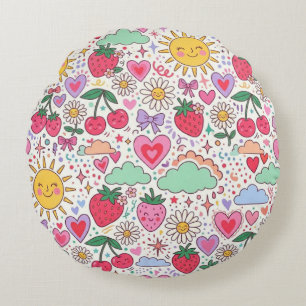 Retro Cute Strawberry, Sunshine, and Hearts Happy Round Cushion