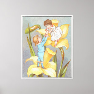Retro Cute Sweet Valentine, children and daffodils Canvas Print