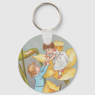 Retro Cute Sweet Valentine, children and daffodils Key Ring