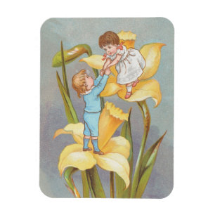 Retro Cute Sweet Valentine, children and daffodils Magnet