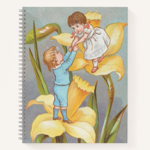 Retro Cute Sweet Valentine, children and daffodils Notebook