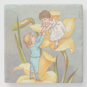 Retro Cute Sweet Valentine, children and daffodils Stone Coaster