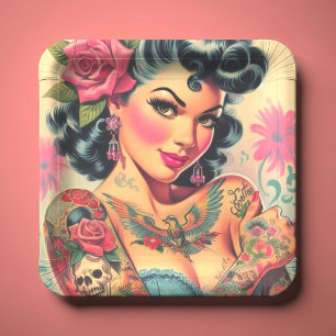 Retro Cute Tattooed Pin-up Paper Plate
