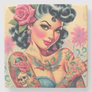 Retro Cute Tattooed Pin-up Stone Coaster