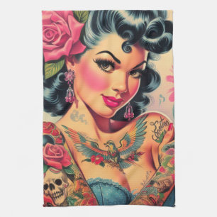 Retro Cute Tattooed Pin-up Tea Towel