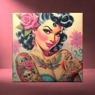 Retro Cute Tattooed Pin-up Tile