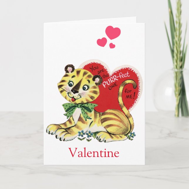 Retro Cute Tiger Kitty Valentines Card (Front)