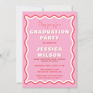 Retro Cute Wavy Pink Red Photo Graduation Invitation
