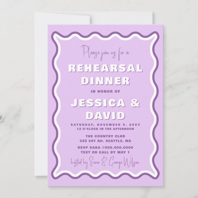 Retro Cute Wavy Purple Photo Rehearsal Dinner  Invitation (Front)