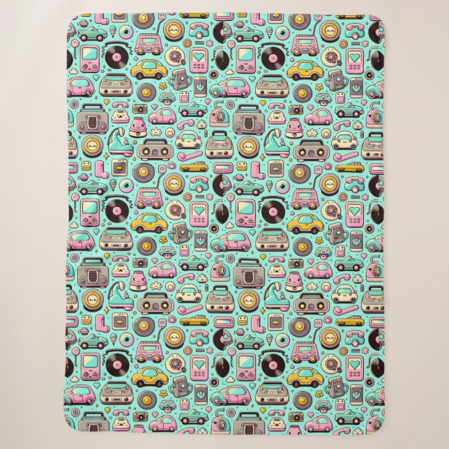 Retro Cuties: Whimsical Pastel Sherpa Blanket (Front)