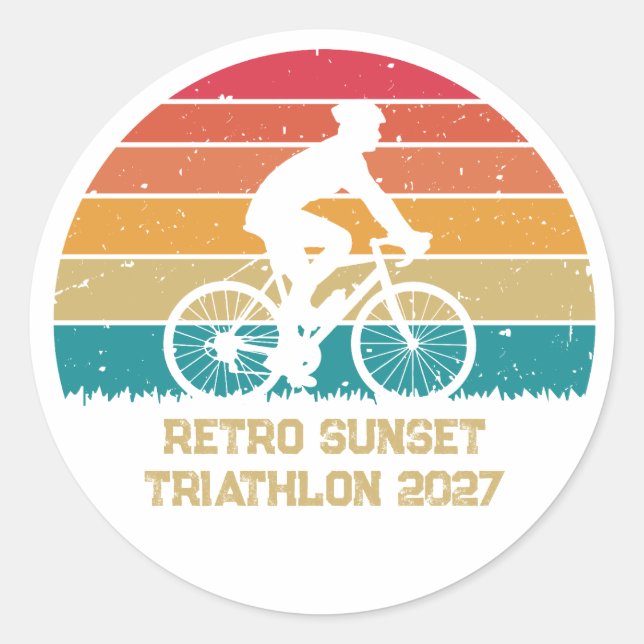 Retro Cycling Sunset Custom Triathlon Classic Round Sticker (Front)