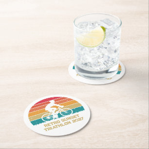 Retro Cycling Sunset Custom Triathlon Round Paper Coaster