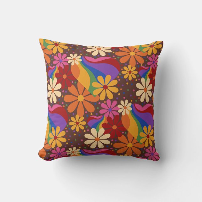 Retro Daisies and Rainbow Hearts Cushion (Front)
