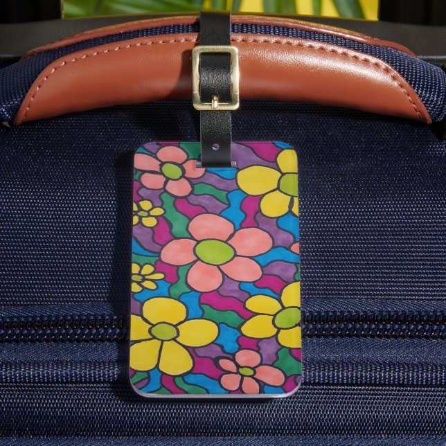 Retro Daisies Colourful Print  Luggage Tag (Front Insitu 2)