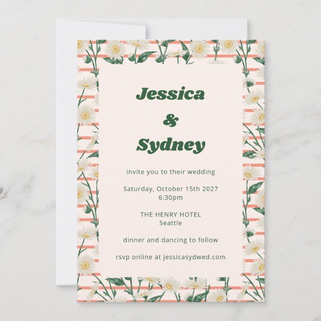 Retro Daisies Floral Garden Green Unique Wedding Invitation (Front)